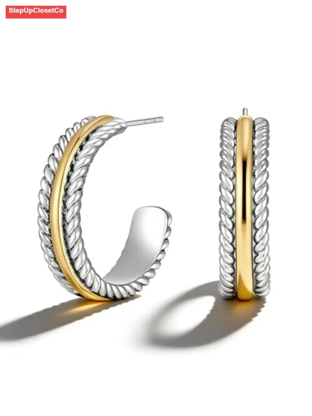 Two Tone Hoop Earrings for Women - Gold and Silver Plated Twisted Open C Hoops